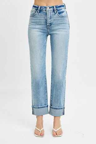 High Rise Crop Straight Rollup Jeans