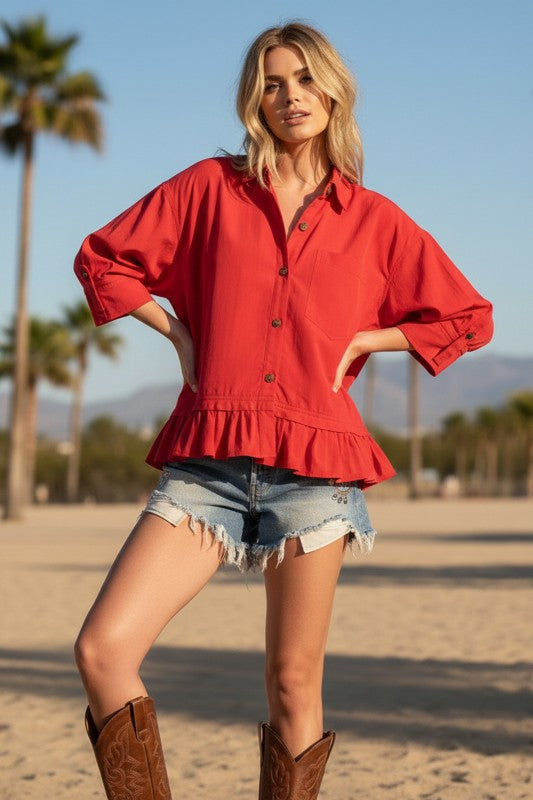 Ruffle Hem Poplin Top