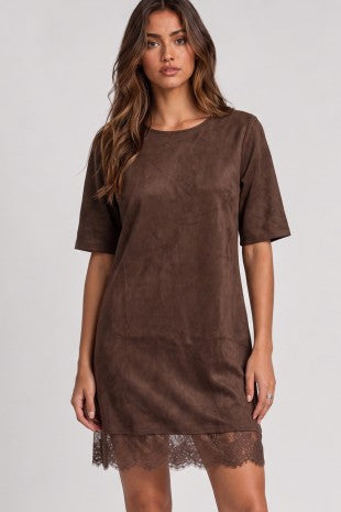 Faux Suede Lace Hem Dress