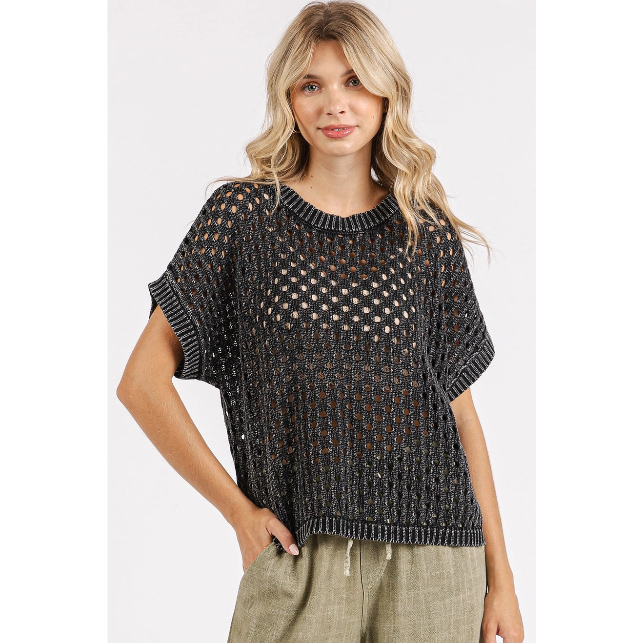 Mineral Wash Open Knit Short Sleeve Top