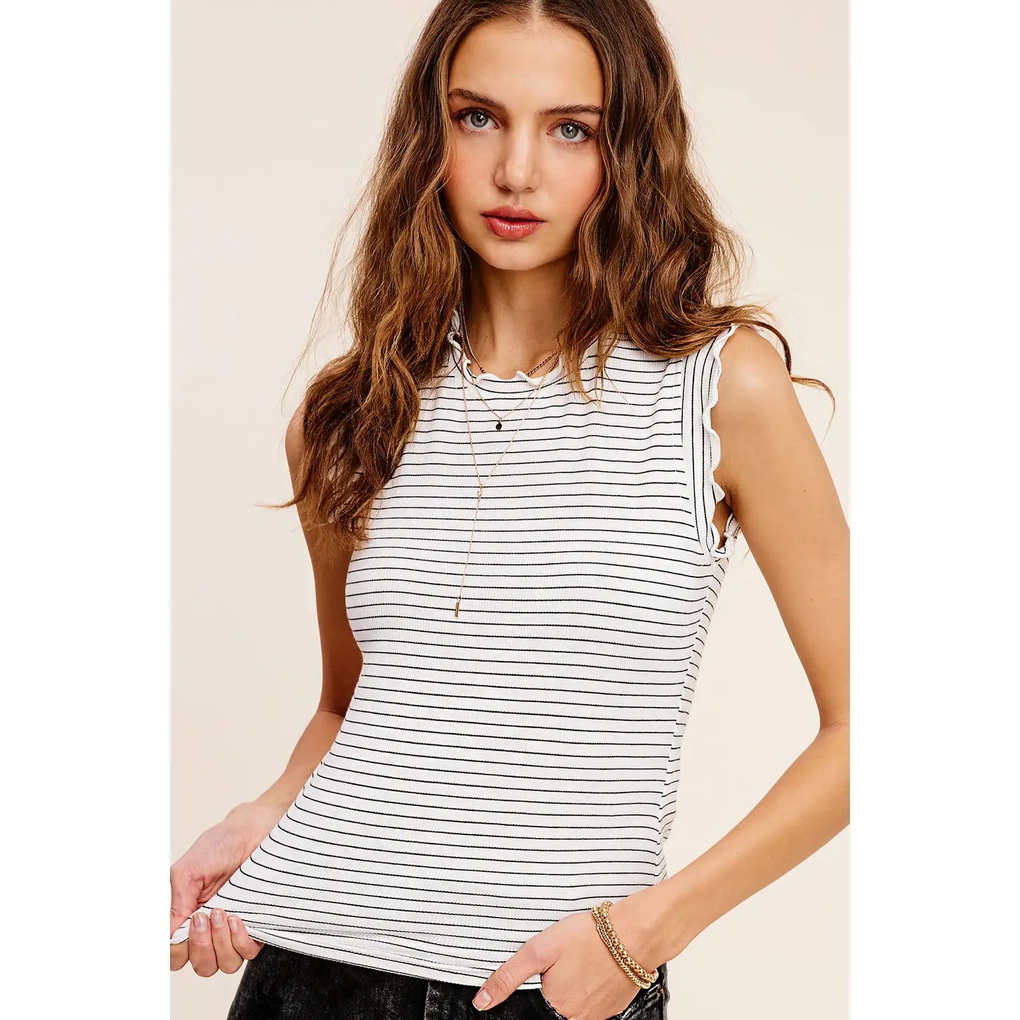 Ruffle Sleeve Stripe Tank