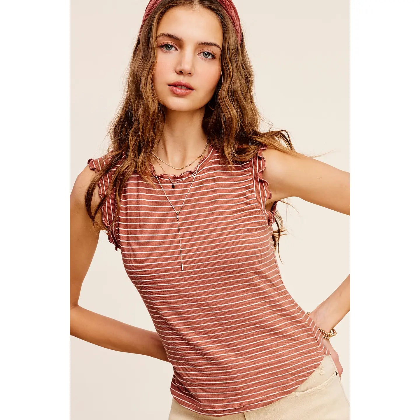 Ruffle Sleeve Stripe Tank