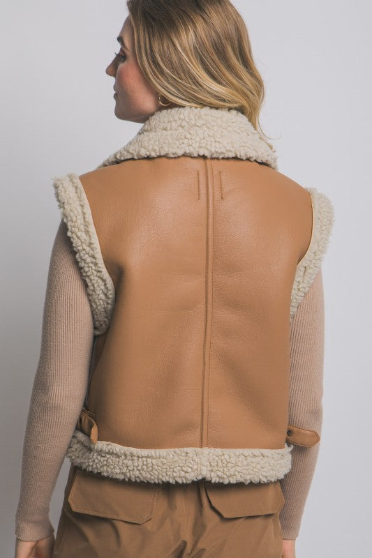Faux Leather Shearling Belted Vest
