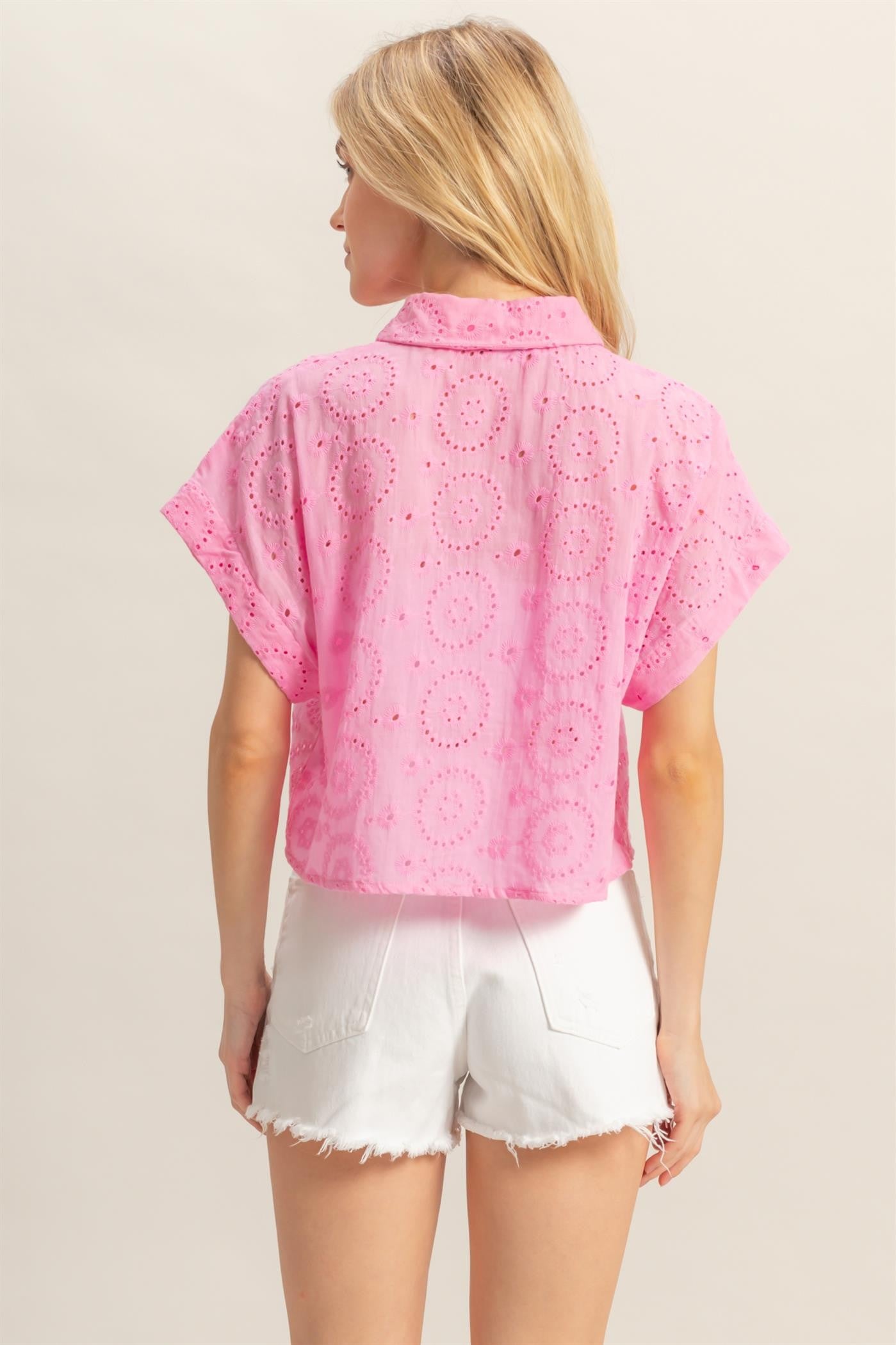 Short Sleeve Button Front Eyelet Top