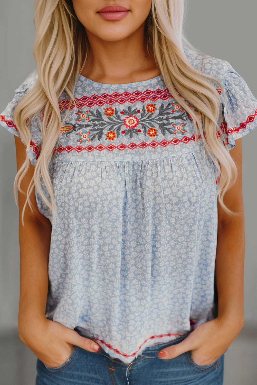 Embroidered Flutter Sleeve Blouse