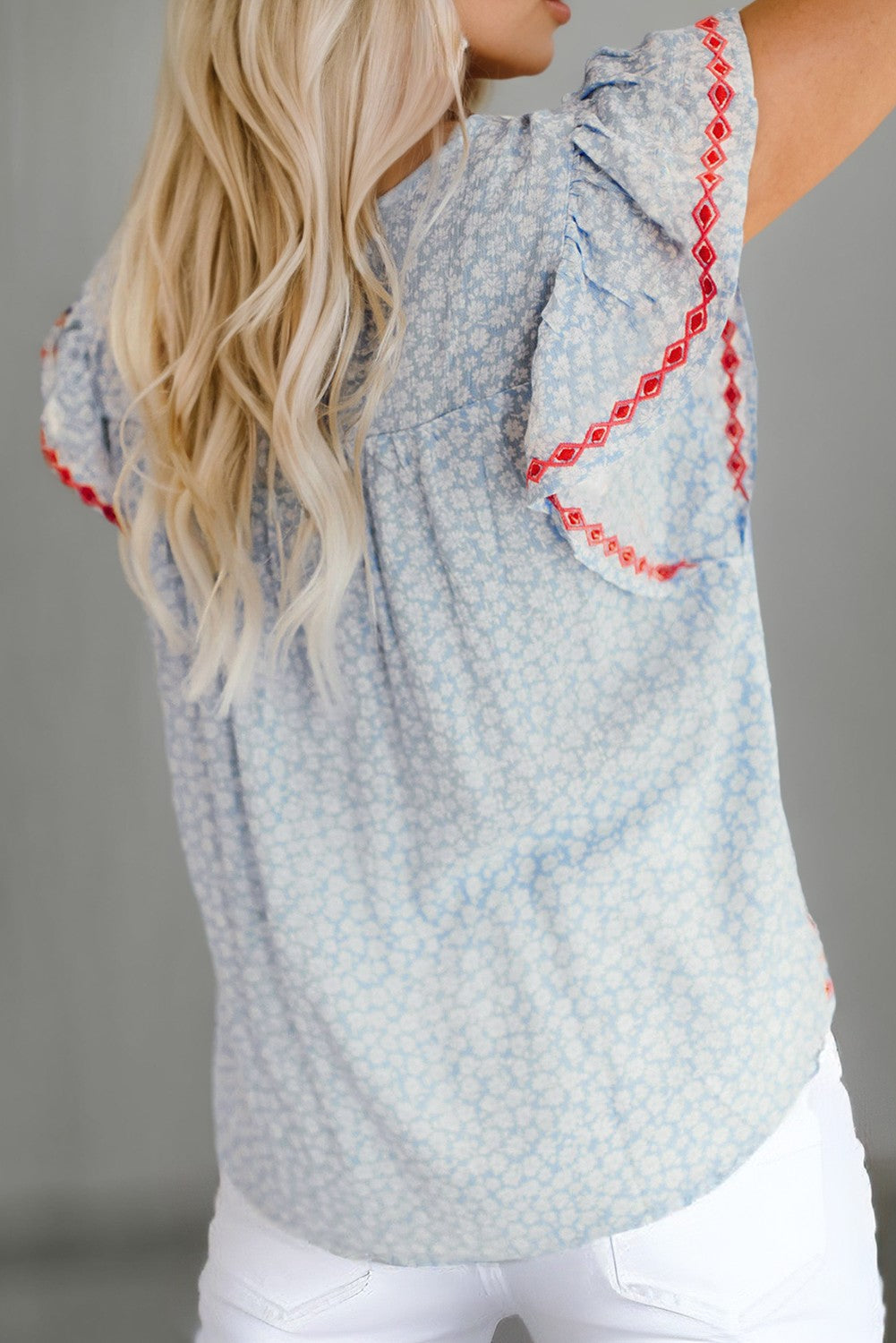 Embroidered Flutter Sleeve Blouse