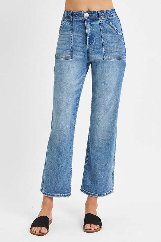 High Rise Ankle Flare Patch Pocket Jeans