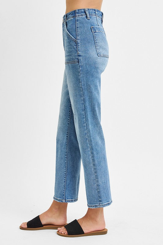 High Rise Ankle Flare Patch Pocket Jeans