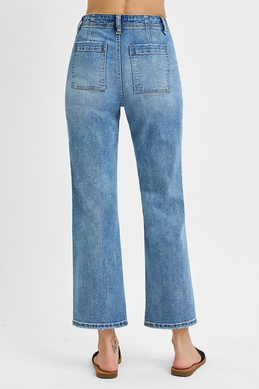 High Rise Ankle Flare Patch Pocket Jeans