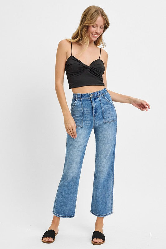 High Rise Ankle Flare Patch Pocket Jeans