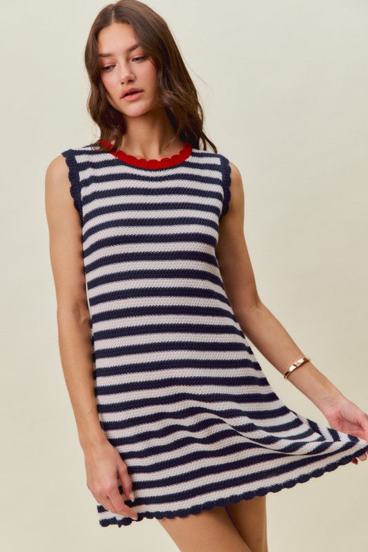 Scallop Edge Striped Sweater Dress