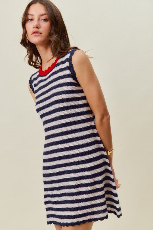 Scallop Edge Striped Sweater Dress