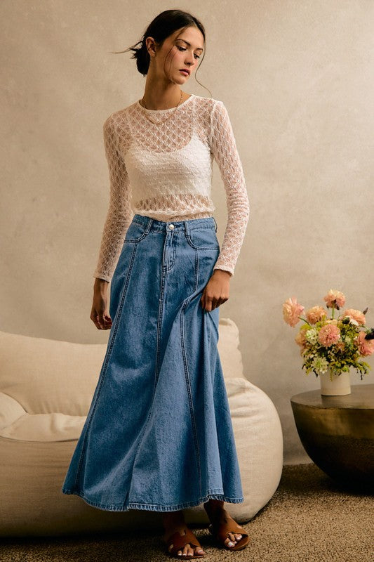 Pleated Denim Maxi Skirt