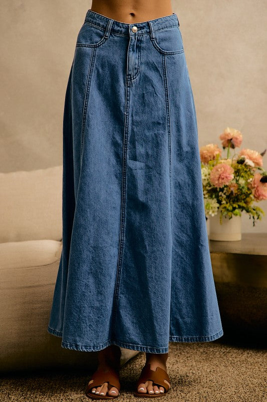 Pleated Denim Maxi Skirt