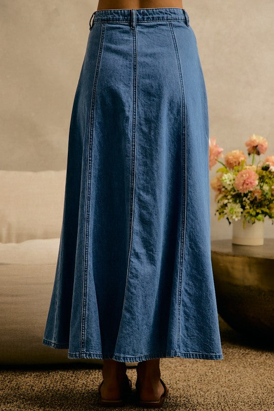 Pleated Denim Maxi Skirt