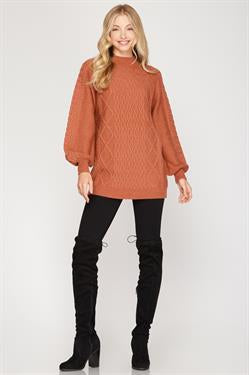 Balloon Sleeve Mock Neck Cable Knit Sweater