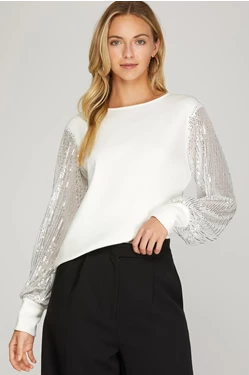 Knit Top with Sequin Sleeve- *FINAL SALE*