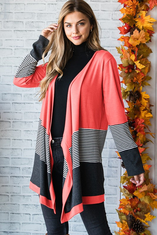 Waffle and Stripe Open Cardigan