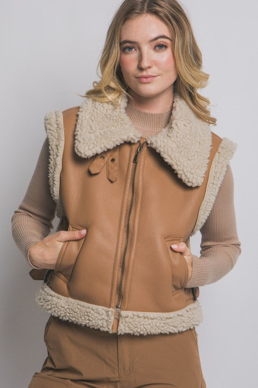 Faux Leather Shearling Belted Vest
