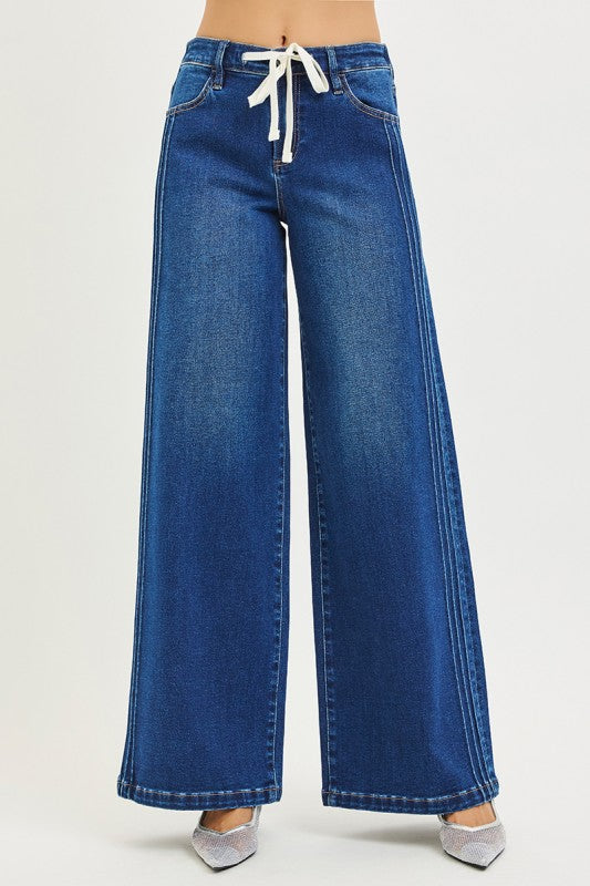 Mid Rise Wide Leg Pintuck Drawstring Jeans