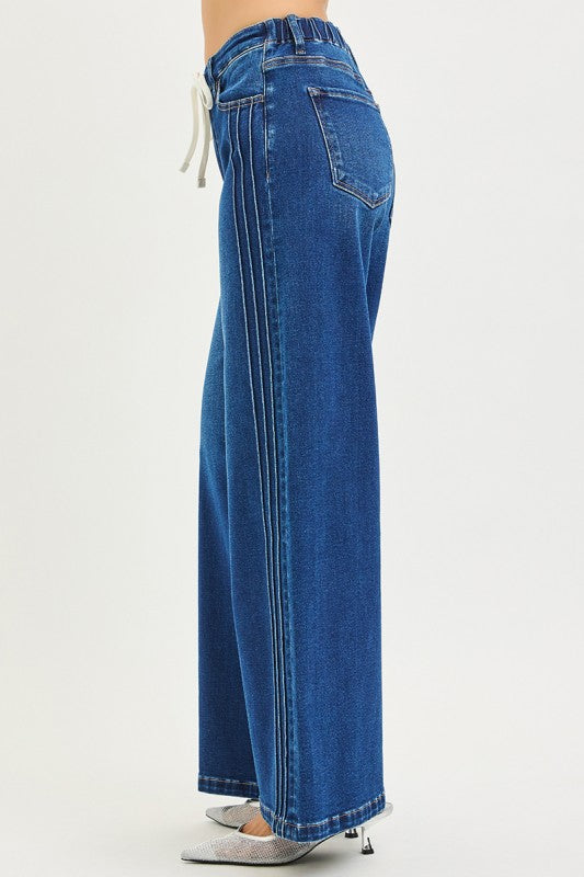 Mid Rise Wide Leg Pintuck Drawstring Jeans