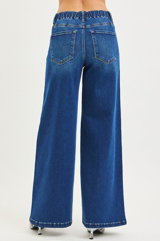 Mid Rise Wide Leg Pintuck Drawstring Jeans