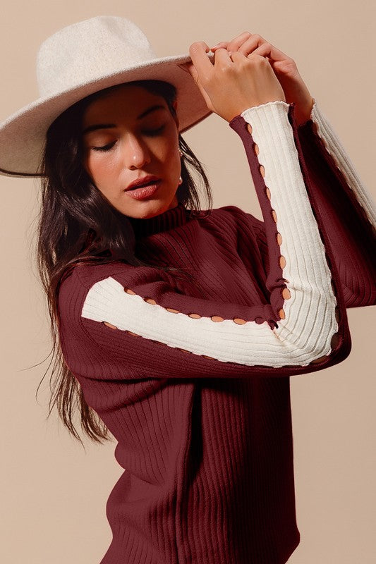 Ribbed Sweater with Perforated Sleeves