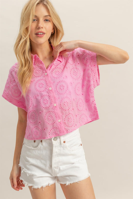 Short Sleeve Button Front Eyelet Top