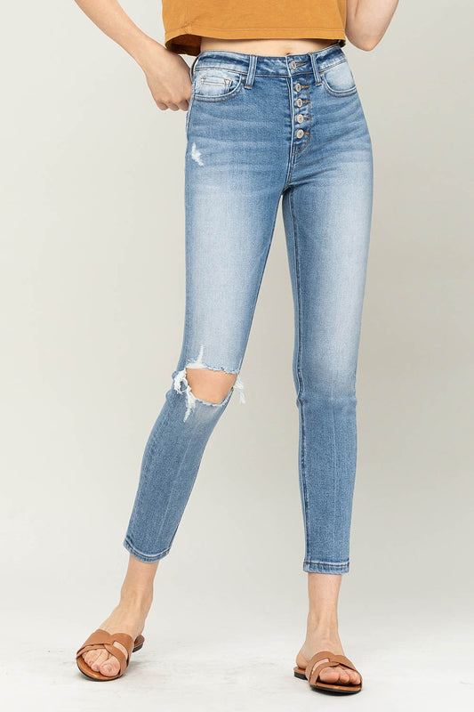 High Rise Button Up Distressed Ankle Skinny Jeans