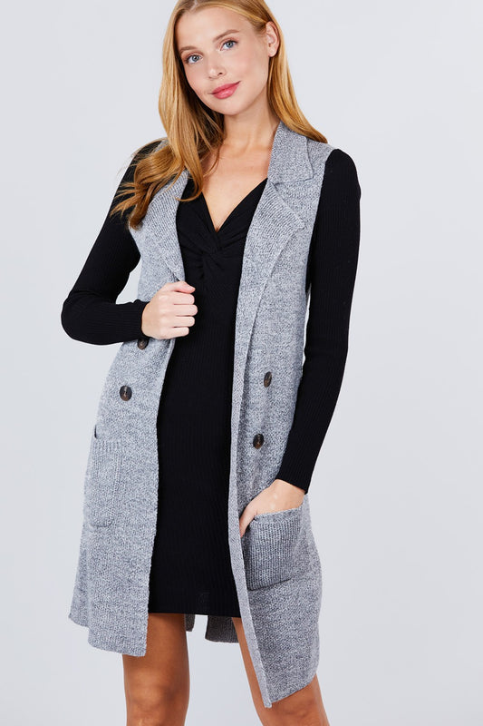 Sleeveless Notched Collar Long Sweater Vest