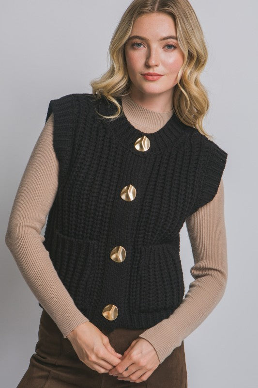 Knit Sweater Vest w/ Gold Button Detail